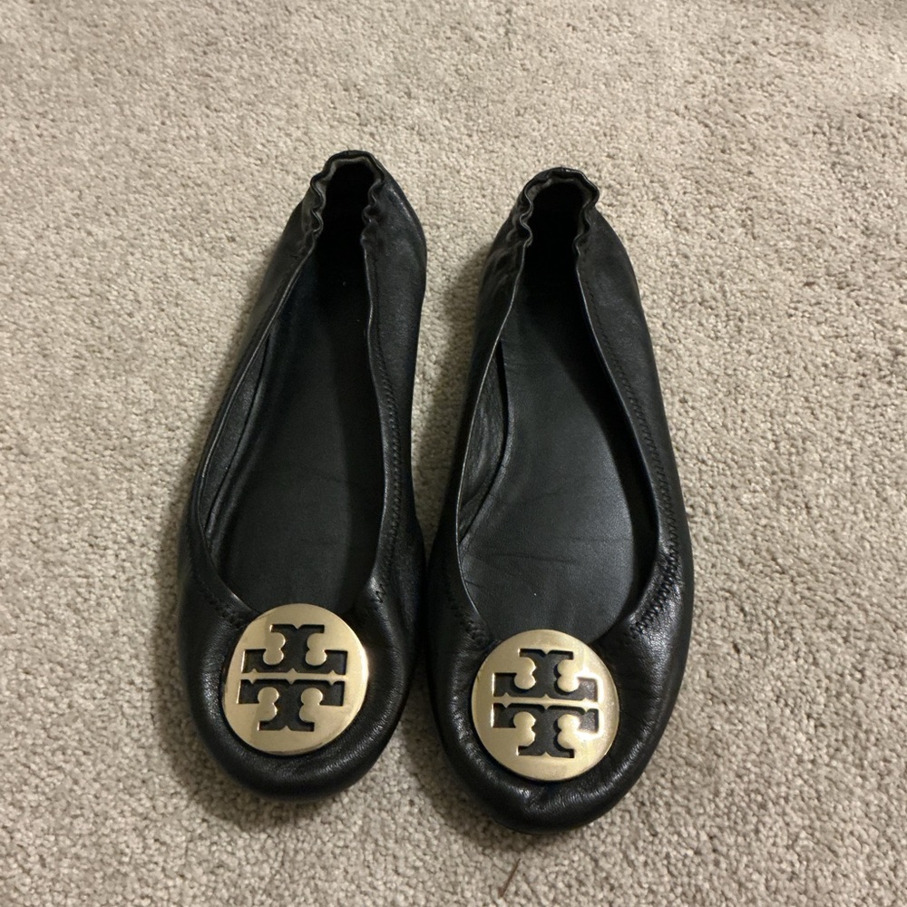 Tory Burch Minnie Black Leather Flats with Gold Logo